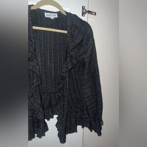 Black ruffle top, black shirt, dress shirt, black button up